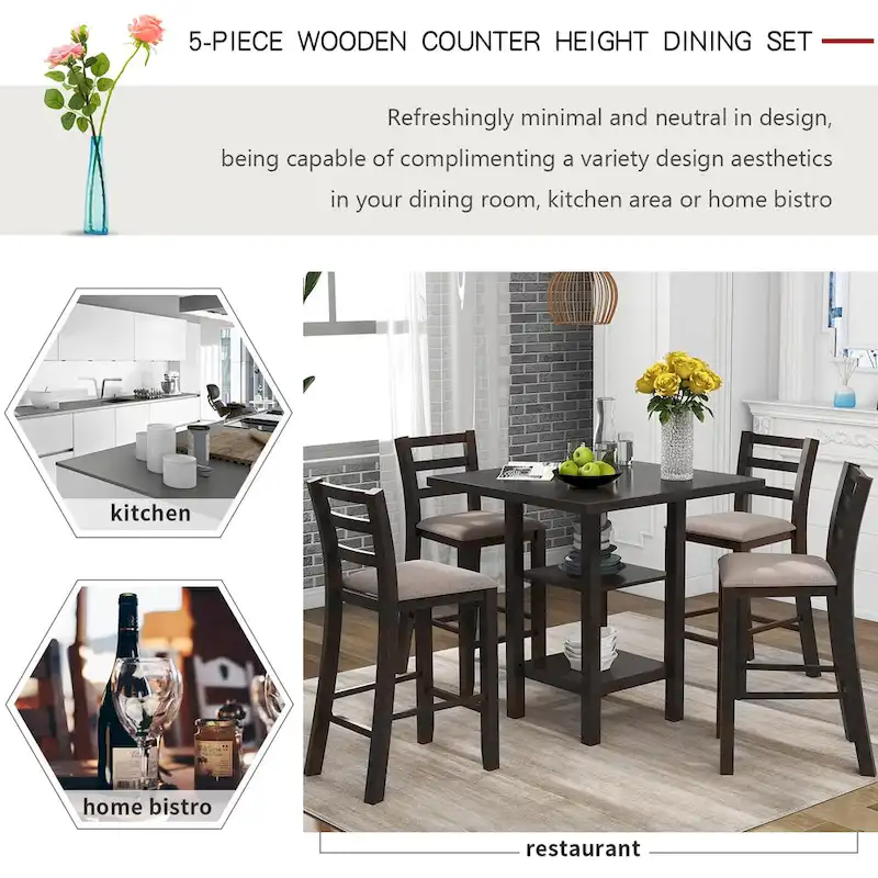 5-Piece Counter Height Wooden Dining Table Set with 4 Chairs & Shelf