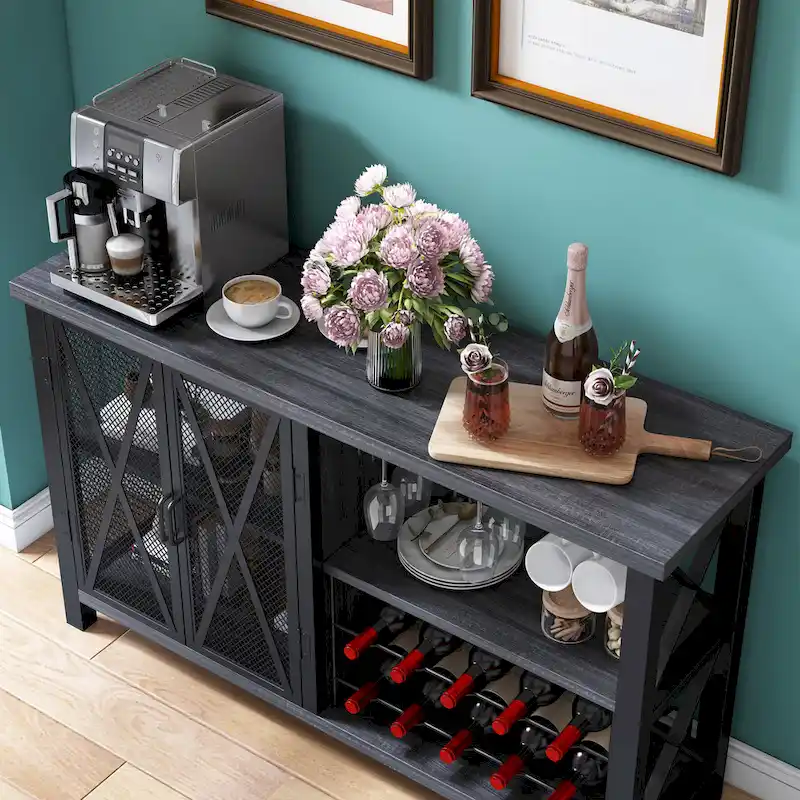 Myhozm Buffet Bar Cabinet with Wine Rack, Modern Buffet/Sideboard Wine Bar Dining Server, Grey/Brown