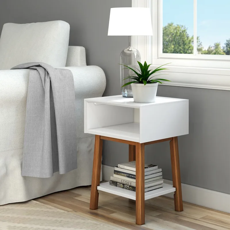 Mid-Century Side Table with Cubby Storage | White, Pecan & Black | Single