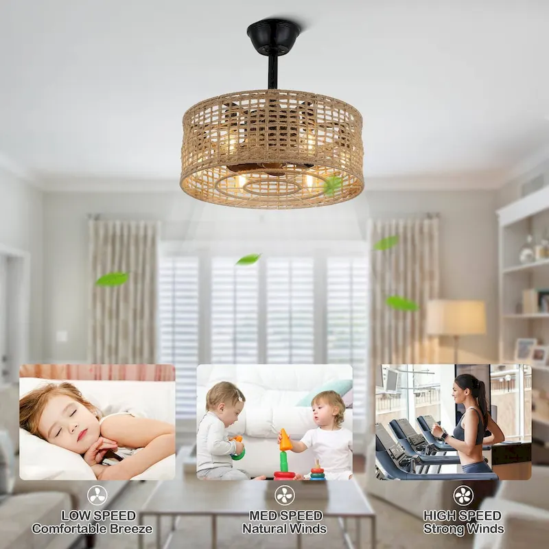 Bella Depot 18  Rustic Ceiling Fan, Rope Woven Caged Ceiling Fan with Light and Remote for Dining Room Bedroom - 18 Inches