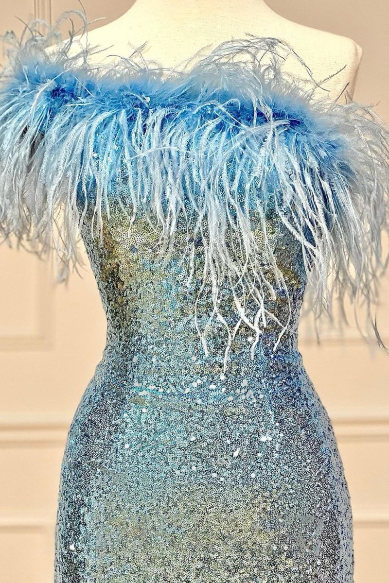 Light Blue Sparkly Tight Sequins Mini Party Dresses with Feathers