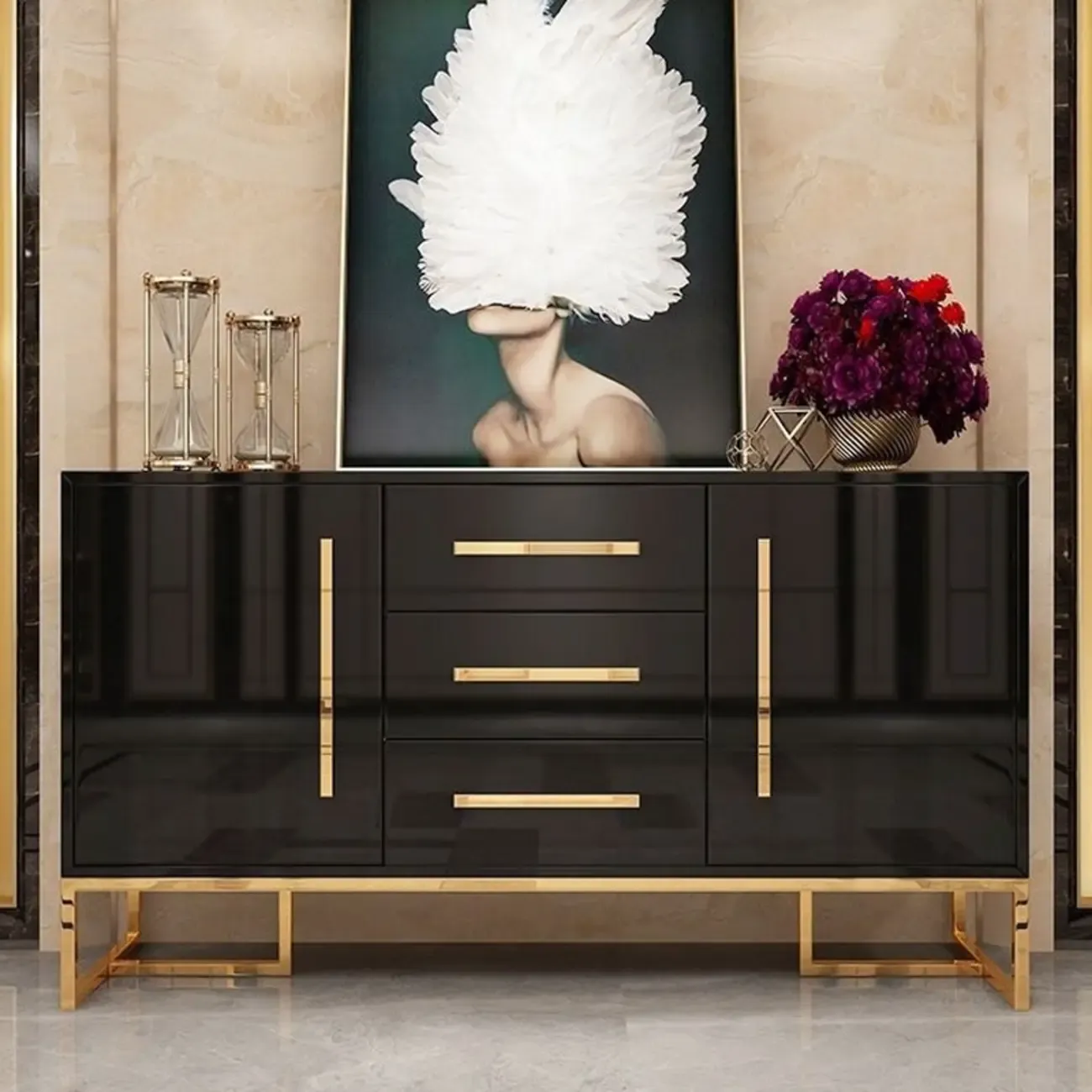 Glam Black Rectangle Accent Cabinets with Drawers & Doors