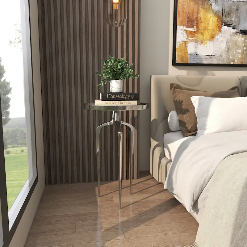Aluminum Metal Tray Inspired Top Side End Accent Table with 3 Tripod Legs - Gold, Silver or Black