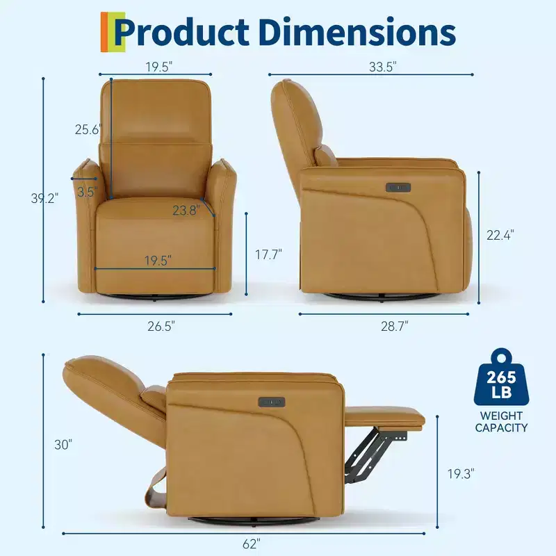 360 Swivel Recliner Chair with USB Charging Station, Electric Rocker Chair, Upholstered Deep Seat, Adjustable Lumbar Support, for Living Room, Brown