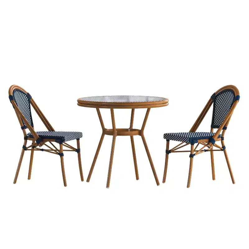 Flash Furniture Bordeaux Indoor/Outdoor Commercial Bistro 31.5 Table, PE Rattan, Glass Top with 2 Stack Chairs