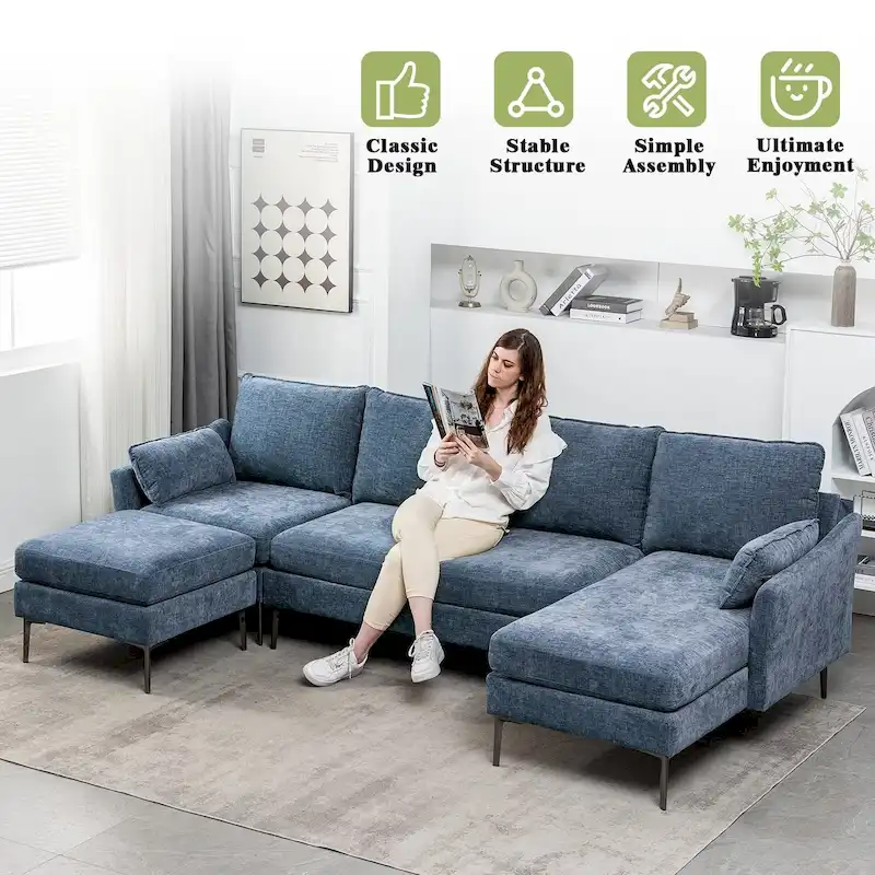 U-Shaped 6-Seat Sectional Sofa, Reversible Sleeper in Modern Chenille Design, with Chaise Lounge and Ottoman