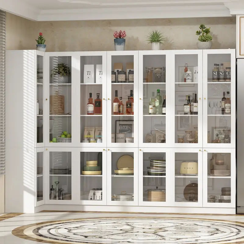 Pantry Storage Cabinet with Drawers and Glass Doors