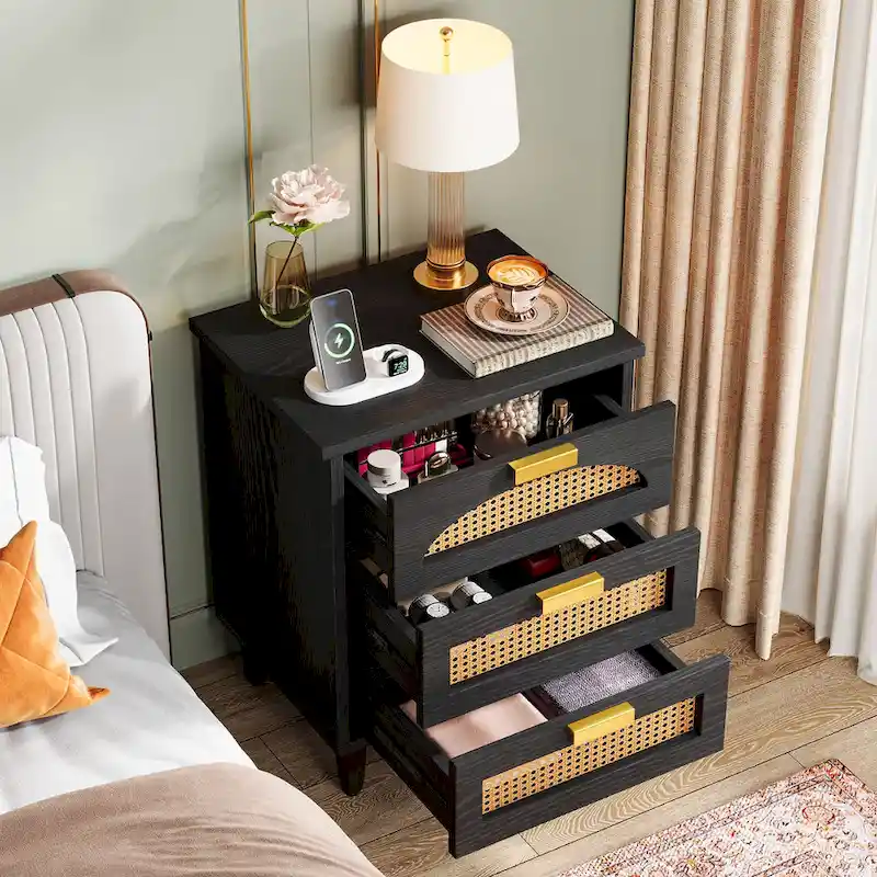 Wood and Rattan 3-Drawer Nightstand with Metal Handles