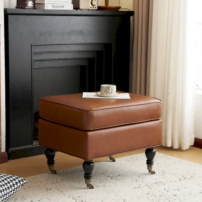 Brown Classic Square PU Leather Ottoman with Wood Legs & Casters, 1-Person