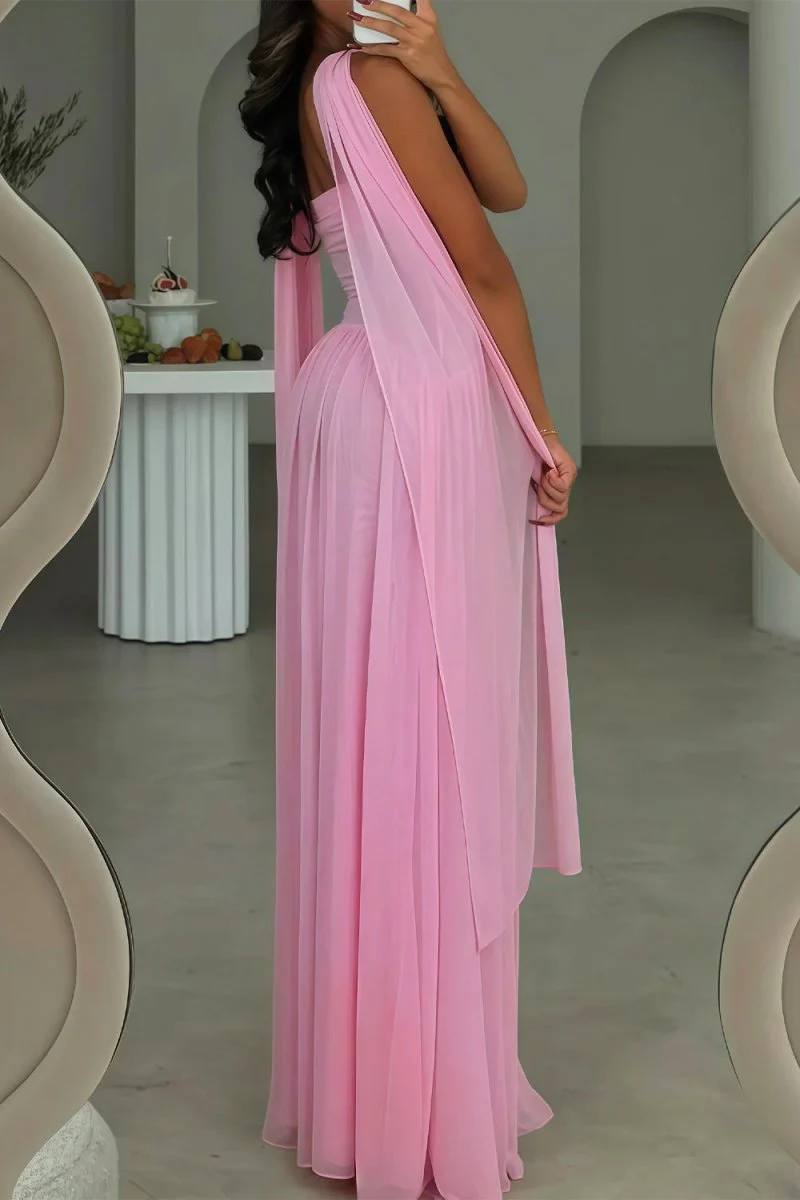 Pink Strapless A Line Chiffon Pleated Long Prom Dresses