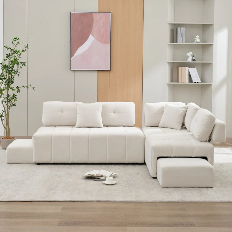 91.73  L-Shaped 4 Seater Sectional Sofa with 2 Hidden Stools, 2 Removable Lumbar Pillows, and Durable Chenille Upholstery