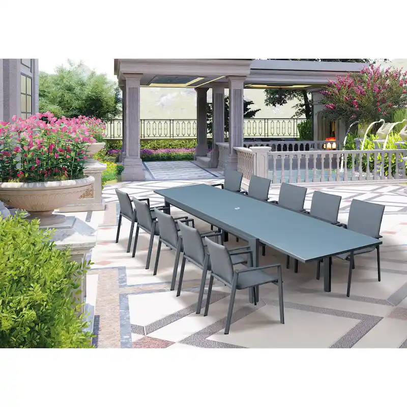 Tropea Dark Grey 11-Piece Aluminum Outdoor Dining Set with Sling Set in Midnight Grey - N/A