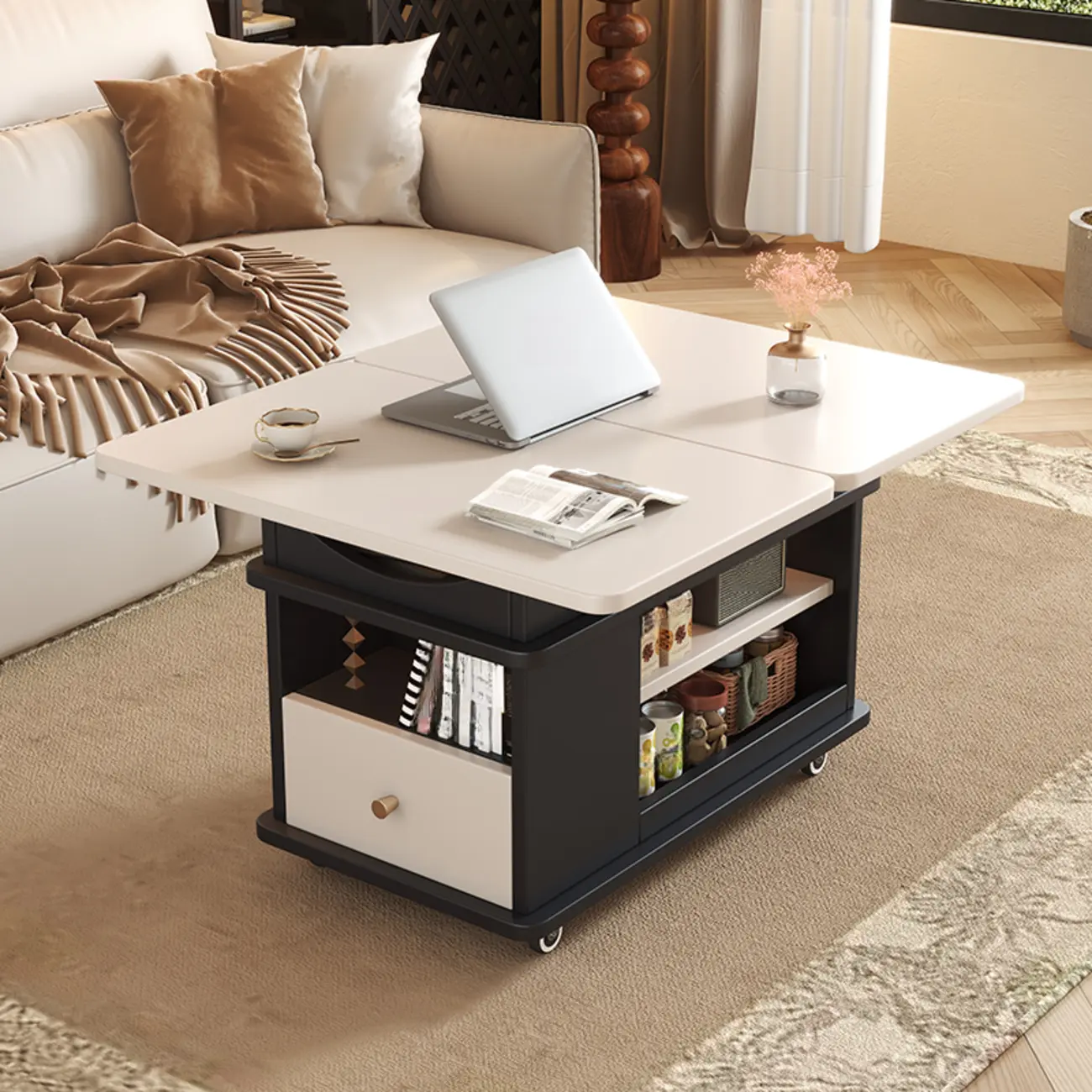Rectangle Foldable Lift Top Wood Metal Side Table with Wheels
