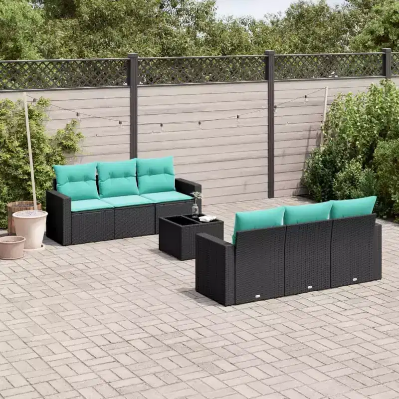 vidaXL 7 Piece Patio Sofa Set with Cushions Black Poly Rattan