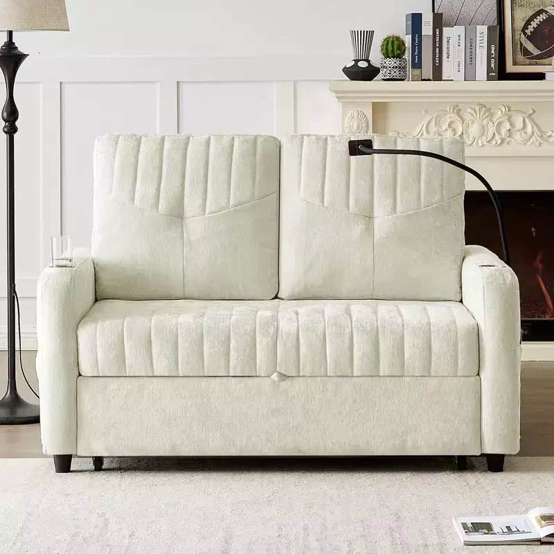 Pull-Out Loveseat Sofa BedConvertible Couch with Adjustable Backrest, Charging Ports, Cup Holders, and Side Pockets