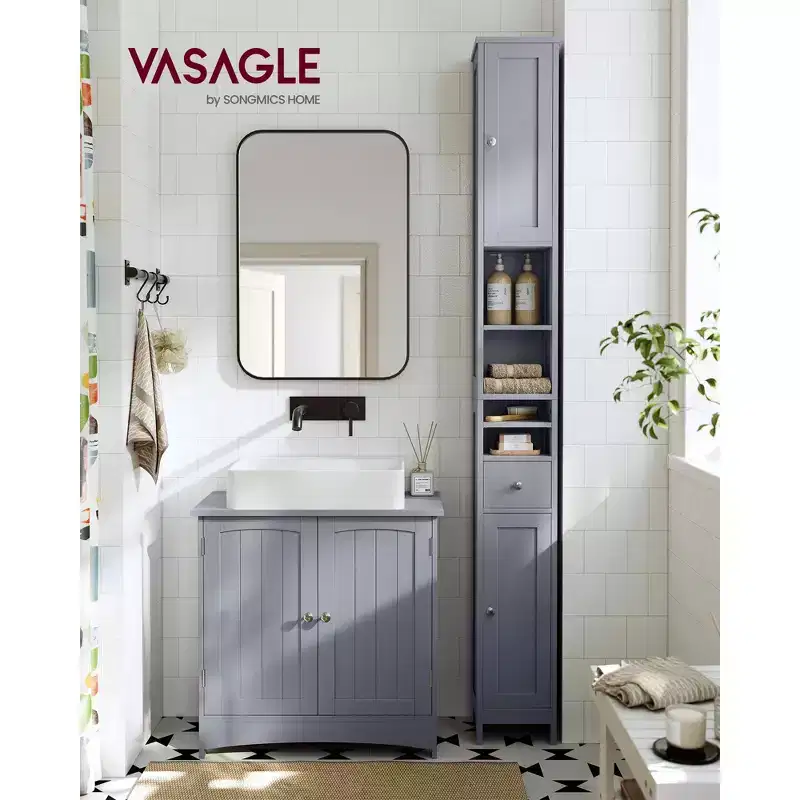 VASAGLE Tall Bathroom Cabinet, Slim Freestanding Bathroom Storage Cabinet with Adjustable Shelves, Drawer, Open Compartments, Dove Gray