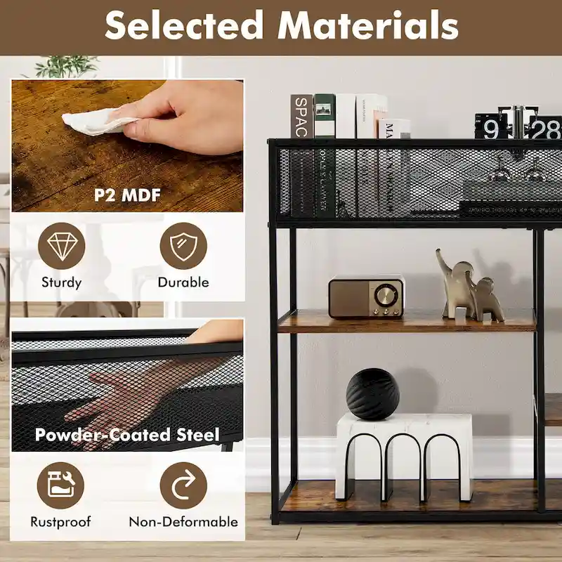 Gymax 4-Tier Console Table w/ Wire Basket Narrow Sofa Table w/ shelf