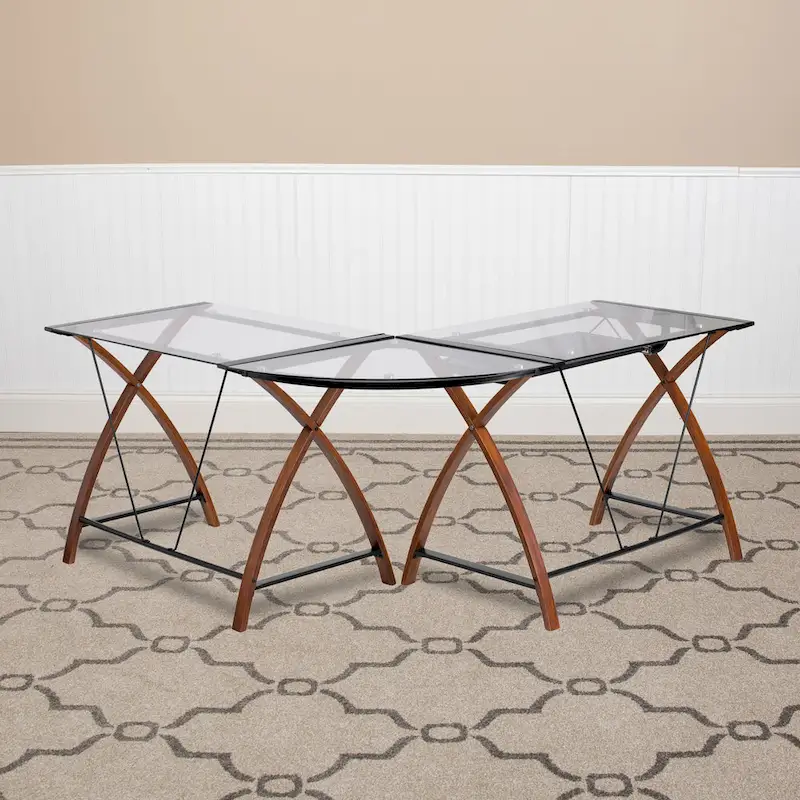 Glass L-Shape Corner Computer Desk with Pull-Out Keyboard Tray