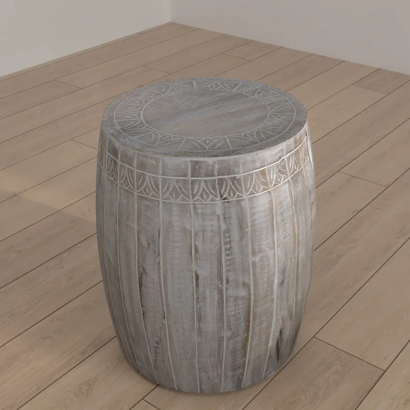 Serenity Side End Table with 16 Inch Round Top, In Antique White Mango Wood