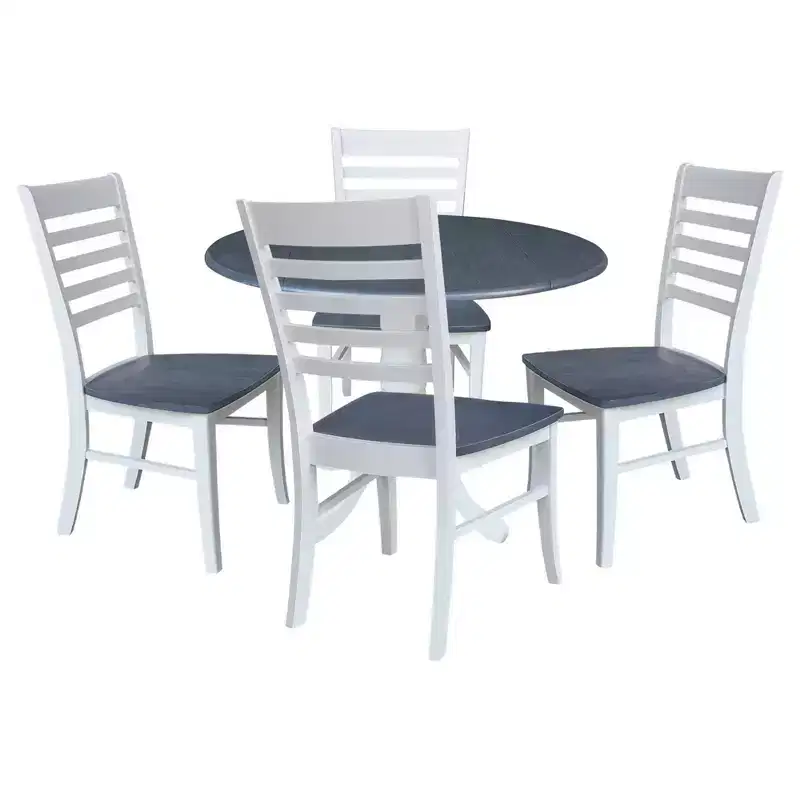 International Concepts 42" Carlisle Dual Drop Leaf Dining Table with 4 Ladderback Chairs White/Heather Gray: Hardwood Frame, Pedestal Base