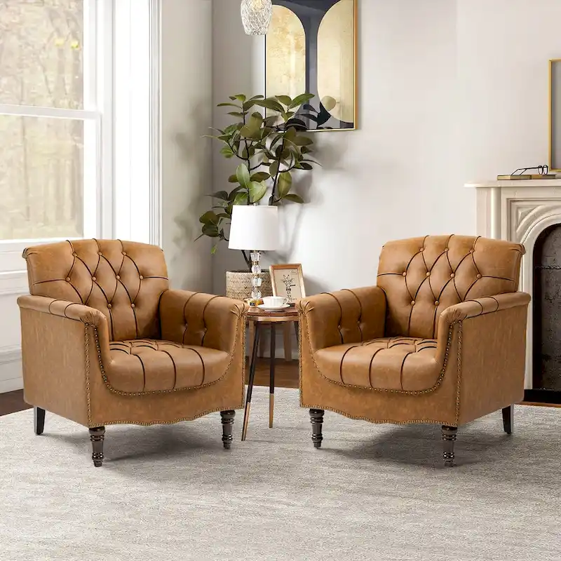 Tufted Vegan Leather Accent Chairs Set of 2, Armchair with Nailhead Trim