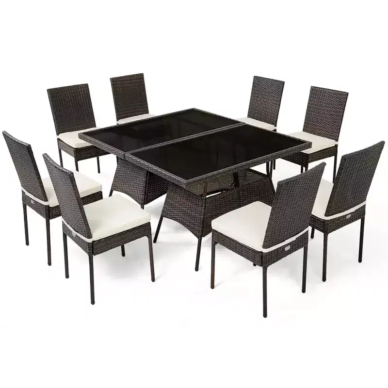 Costway 10 PCS Patio Rattan Dining Set Glass Table High Back Chair Garden Deck Mix Brown