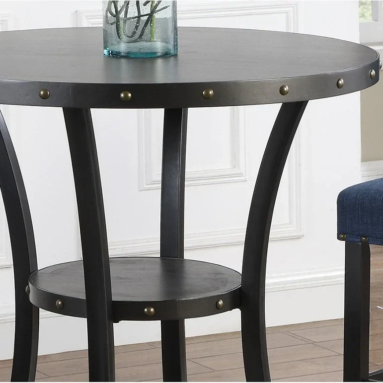Roundhill Furniture Biony 3-Piece 36  Round Espresso Bar Table with 2 Nail Head Barstools