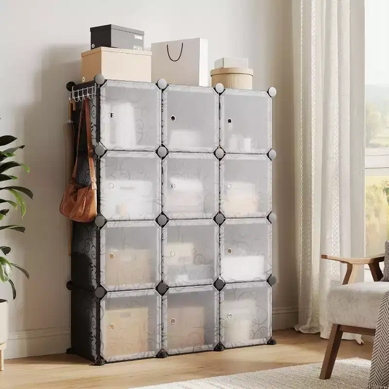 12 Cube Storage Organizer with Doors Modular Plastic Bookcase for Bedroom Living Room, Black