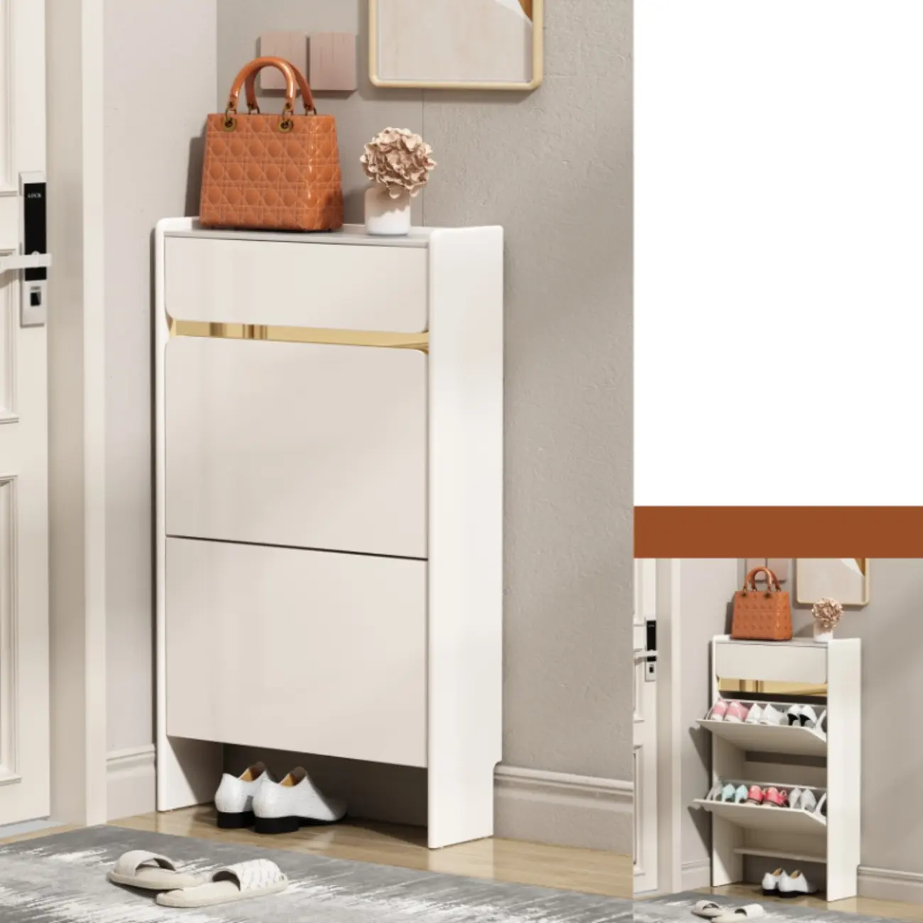 Entryway Glam White Wood Shoe Cabinet with Drawers