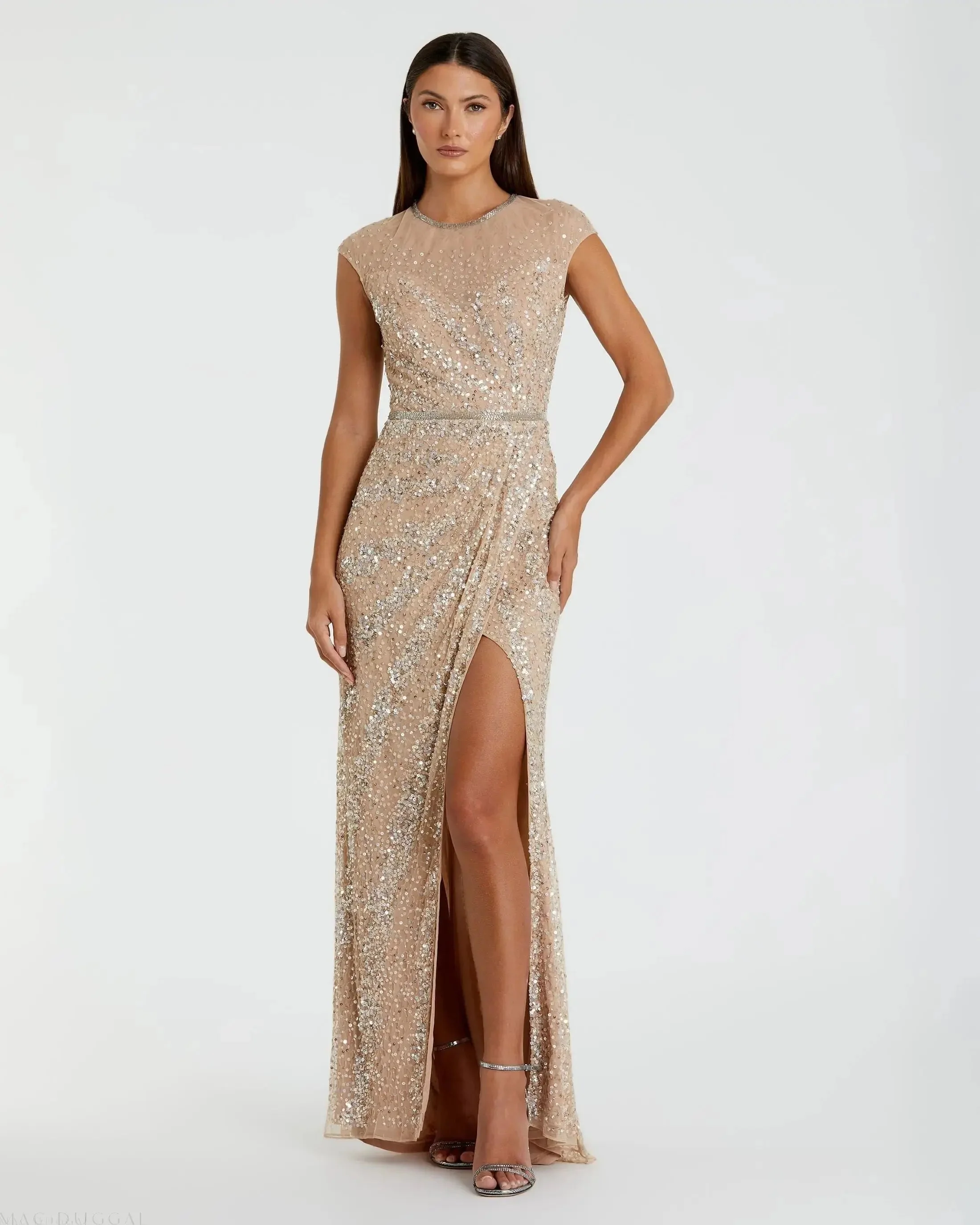 Beige Embellished Illusion High Neck Cap Sleeve Gown