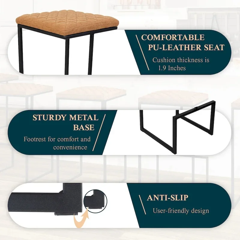 Quincy Modern Leather Quilted Counter Height Barstool with Upholstered Square Seats & Footrest for Home Bar & Kitchen Counters