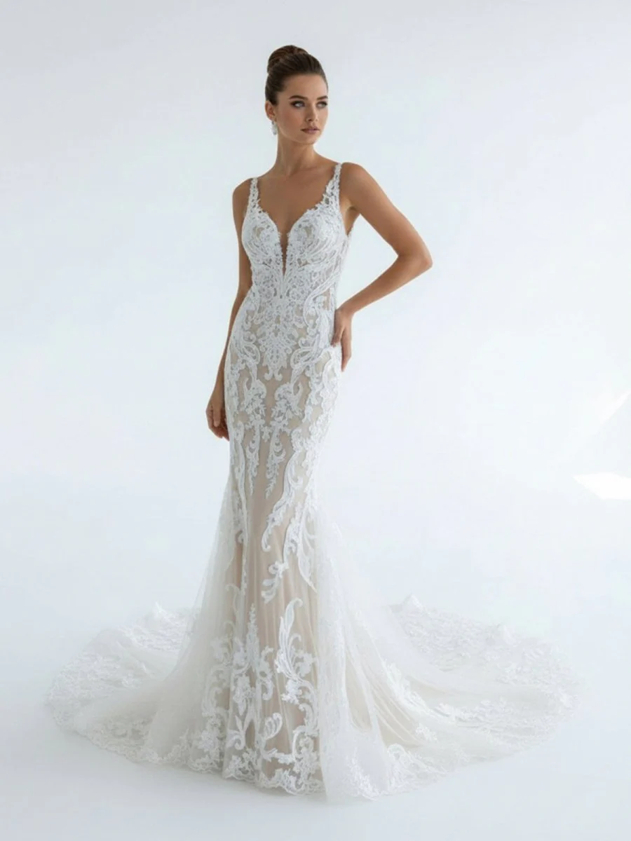 Mermaid V Neck Tulle Lace Wedding Dresses with Train