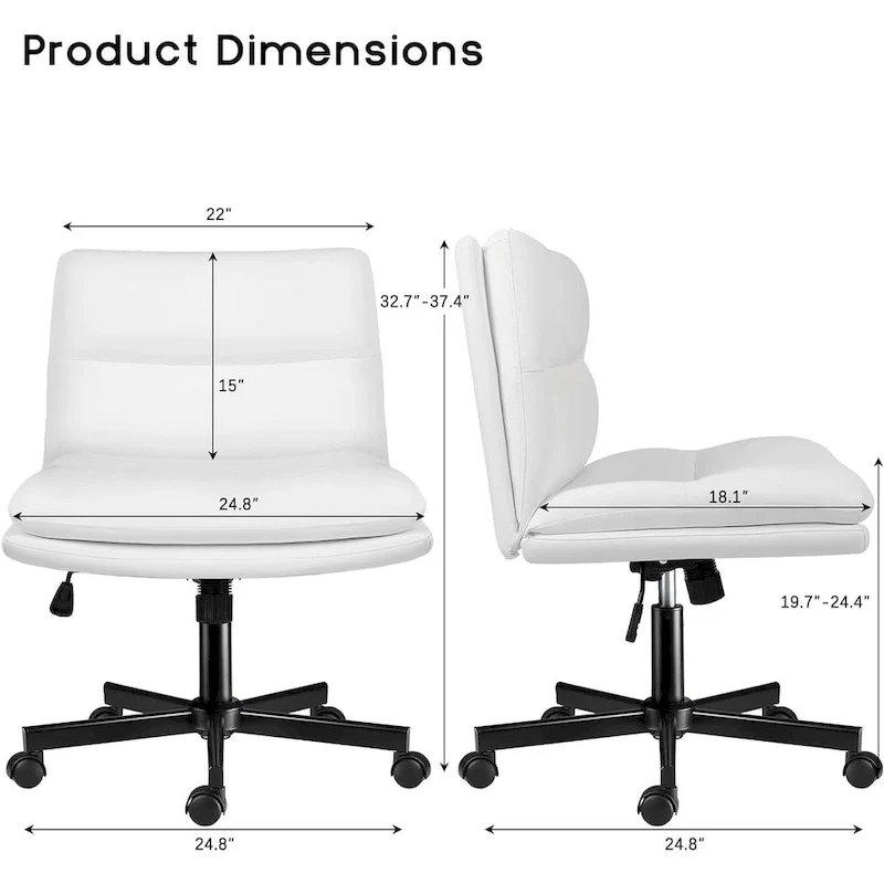 Cross Chair with Wheels,PU Leather Armless Cross Legged Office chair, Adjustable Wide Seat Task Vanity Chair
