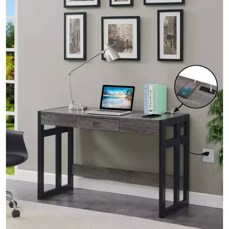47" Monterey Desk with Charging Station Weathered Gray/Black - Breighton Home: Office Workstation with Hutch Storage