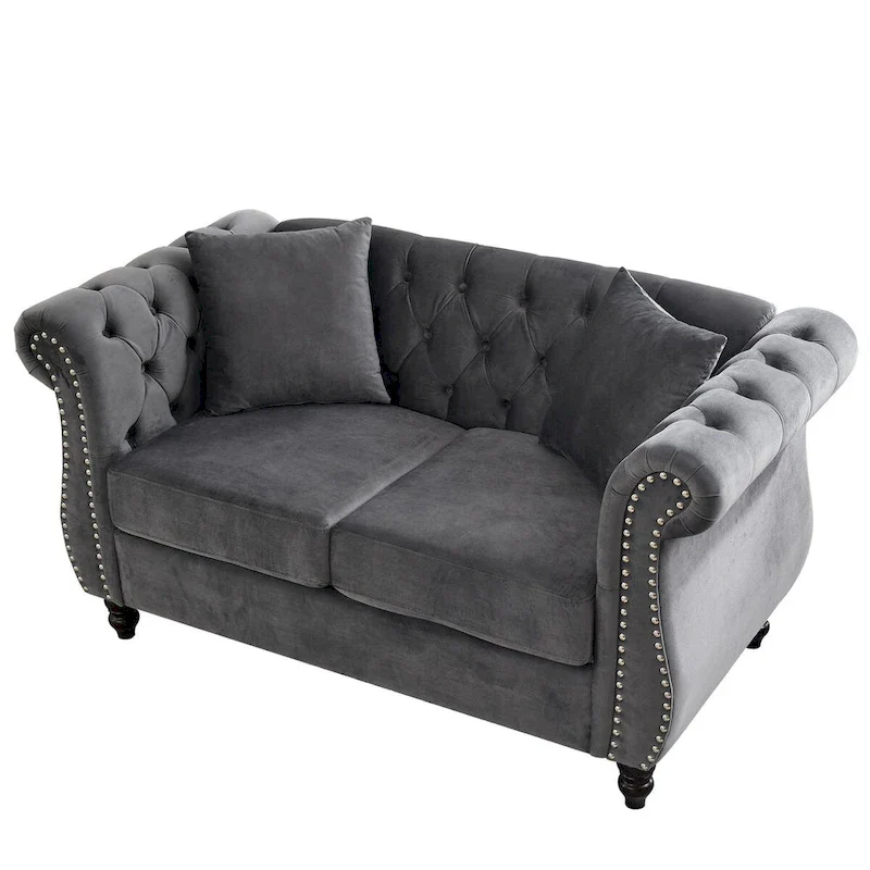 Velvet Chesterfield Loveseat Sofa, Rolled Arms, Nailhead Trim