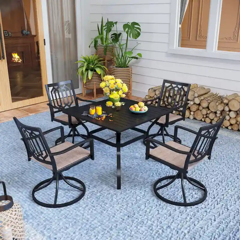 5 Pieces Patio Dining Set, 4 Sling Swivel Chairs and Outdoor/Indoor Multi Role Metal 37  Square Table with 1.57  Umbrella Hole