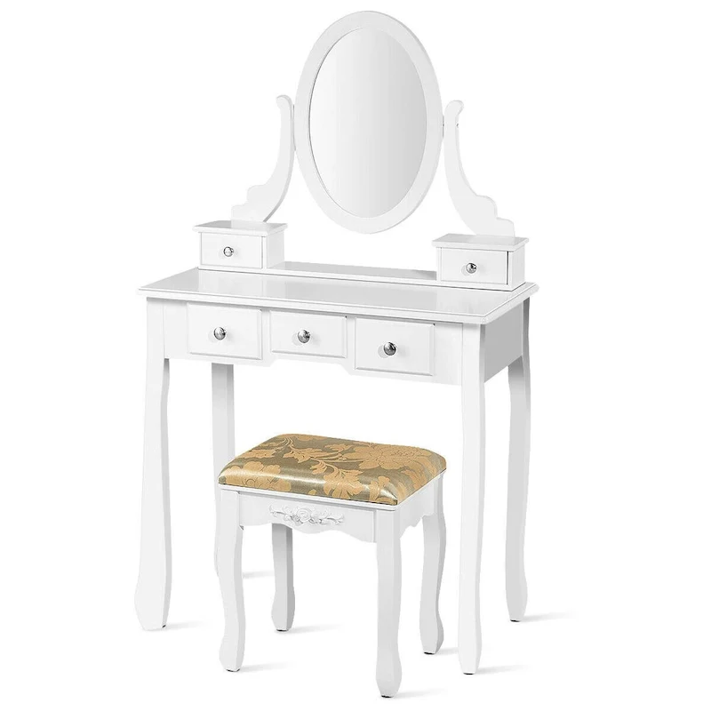 Costway Vanity Table Dressing Table 5 Make Up Table Stool