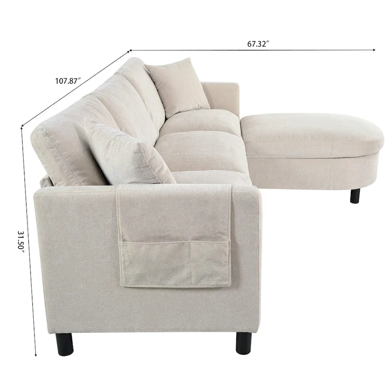 107.87 Removable Cushion 4-Seat Sectional Sofa with Movable Ottoman