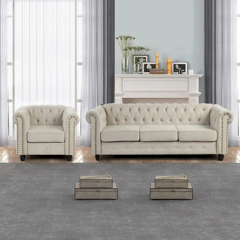 Button Tufted Upholstered Chesterfield Sofa Set Chair and Sofa, 2 PCS for Living Room, Linen, Solid Wood Legs
