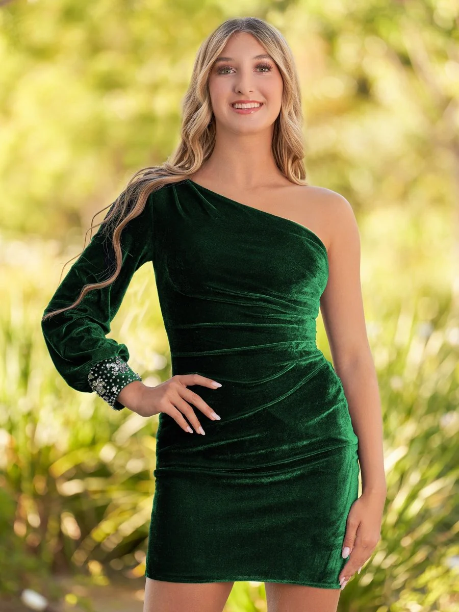 Navy Blue Sheath One-Shoulder Long Sleeve Homecoming Dress