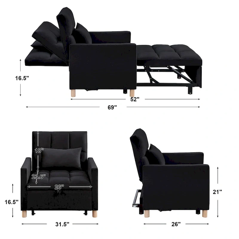 3-in-1 Convertible Sleeper Sofa Lounge Chair Bed, Black