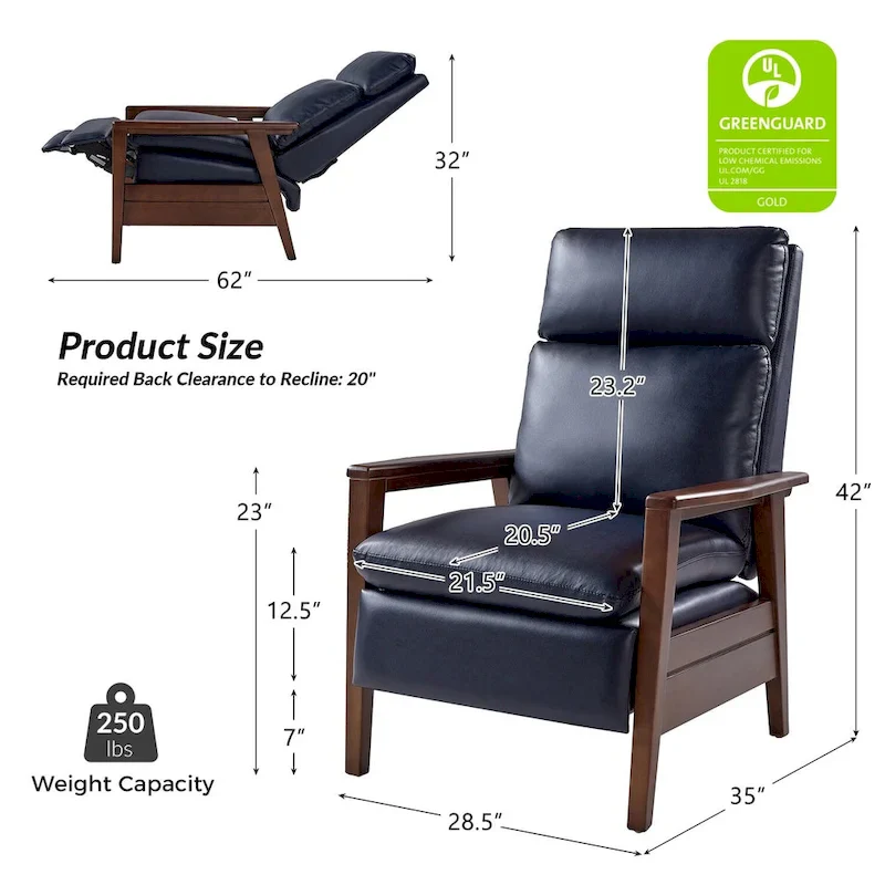 Mid-century Vegan Leather Solid Wood Recliner