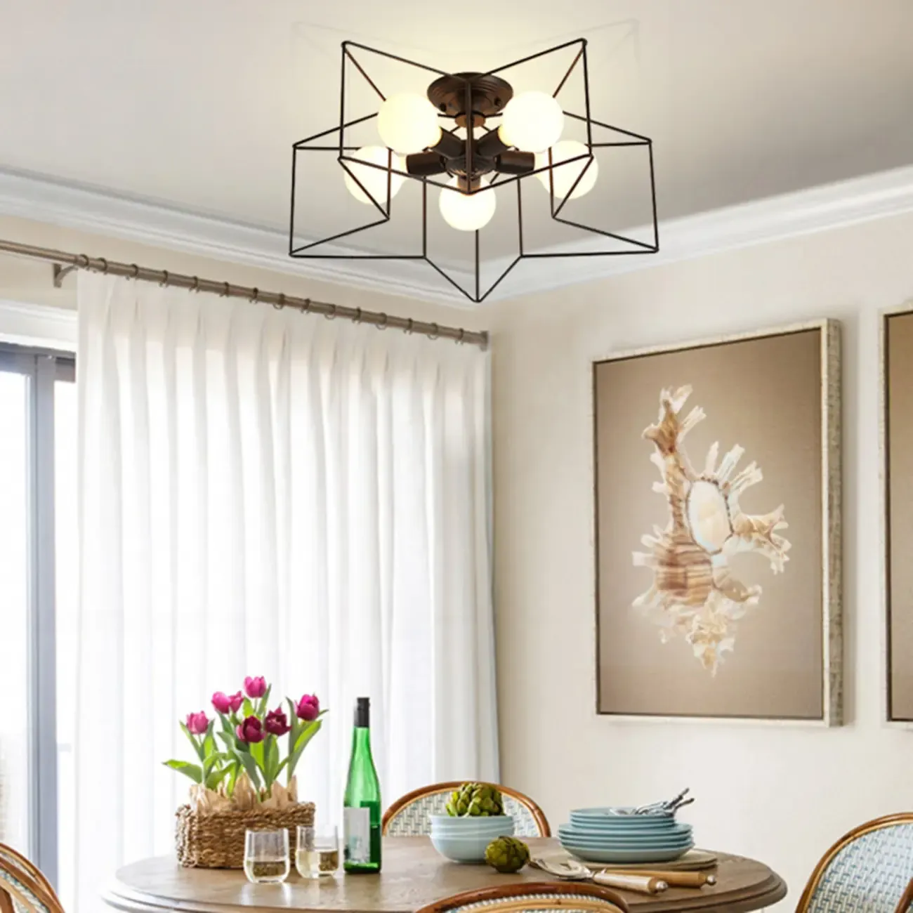 Industrial Black Metal Star Shape Semi Flush Ceiling Light