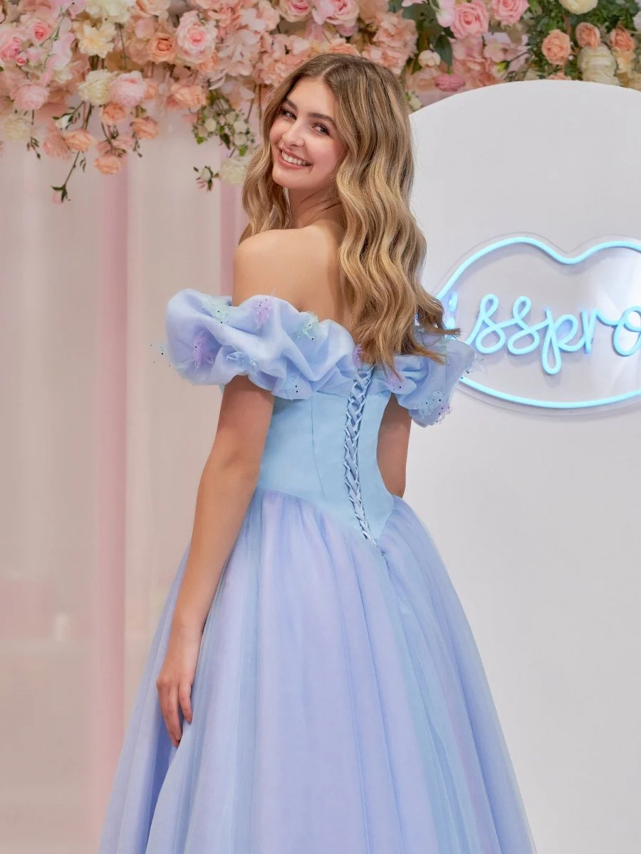 Cinderella Sky Blue Tulle Off the Shoulder With Crystals & Butterflies Ball Gown