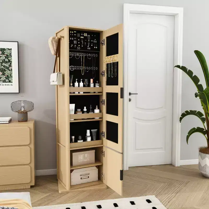 360 Rotating Coat Rack Freestanding Bookshelf Hall Tree Makeup Jewelry Cabinet Storage Cabinet with Full-length Mirror, Hooks, Open Shelf -ModernLuxe