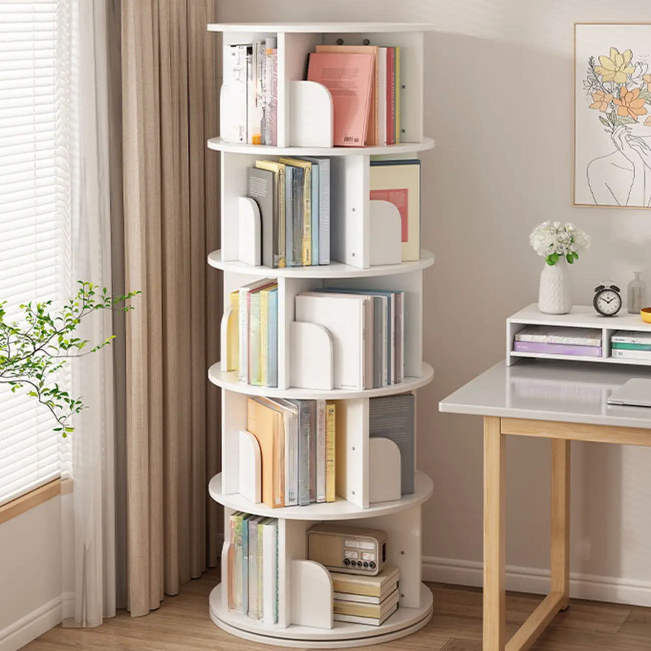Brown Cylindrical Wooden Rotating Open-Back Bookcase