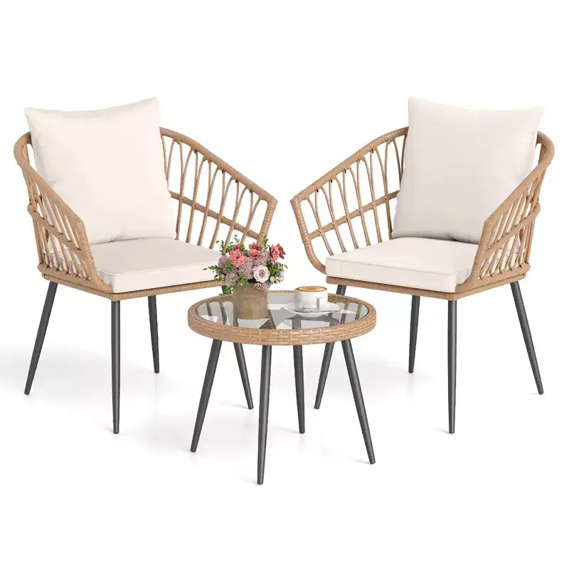Costway 3PCS Patio Bistro Set with Soft Cushions, Tempered Glass Coffee Table & Metal Frame