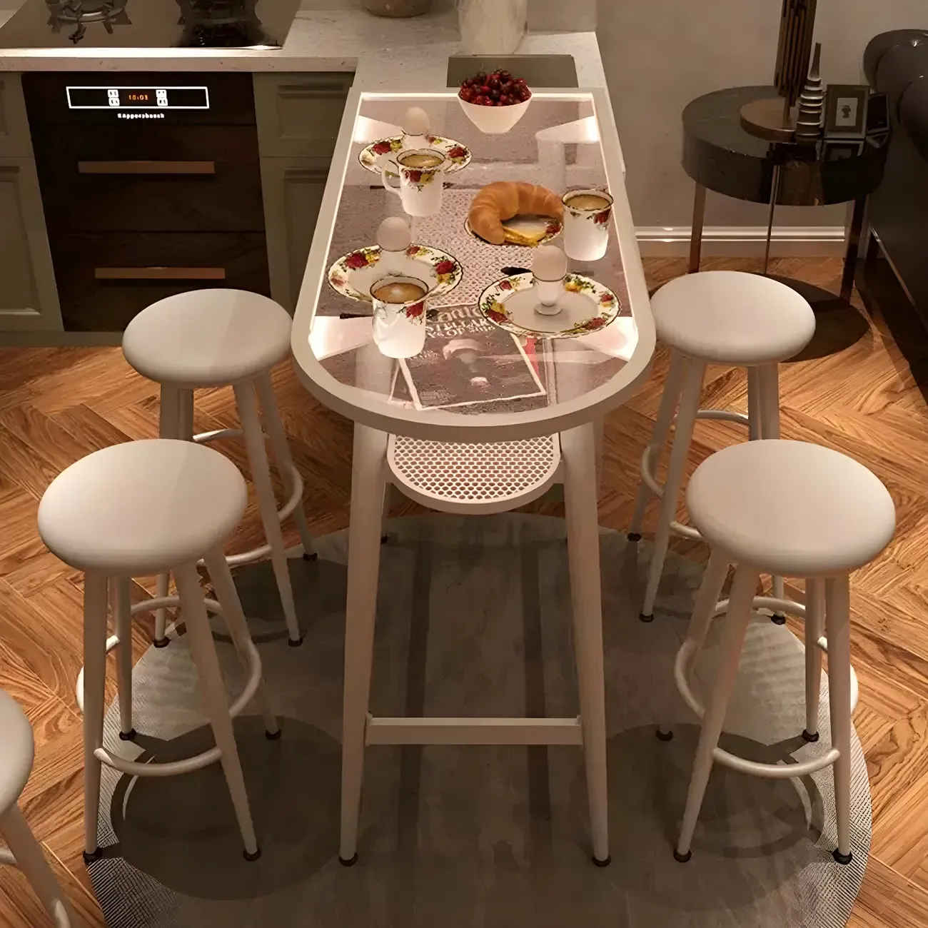 Compact Clear Glass Gold Metal Shelf Free Form Bar Tables