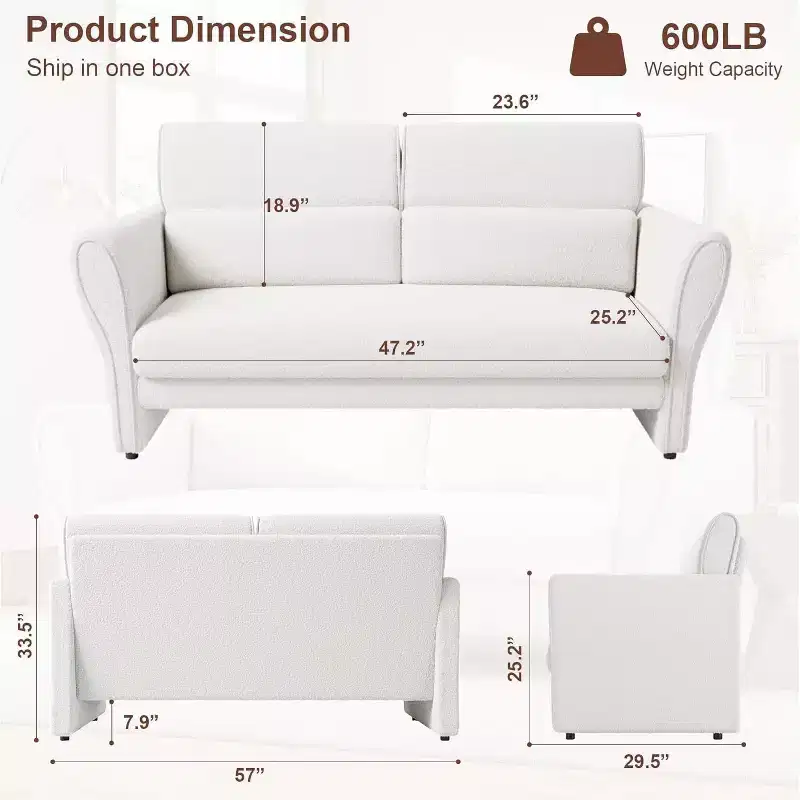57 Modern Accent Chair with Arms, Modern Boucle Small Couch, Removable Lumbar Pillows, Easy Assembly, for Living Room, Bedroom