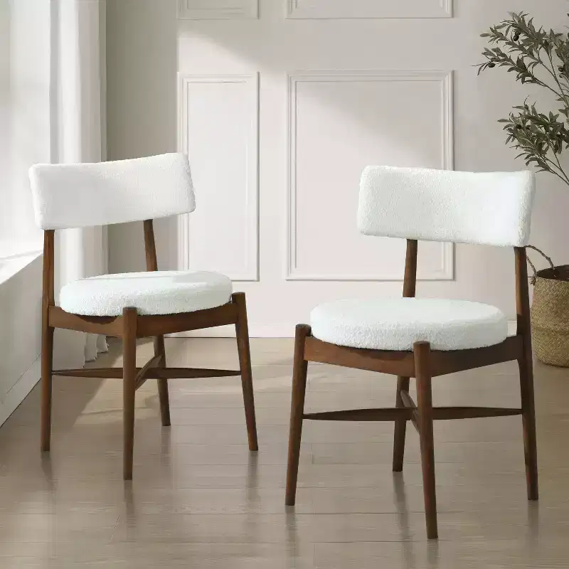 Okak Mid-Century Dining Chairs Set of 2, Comfy Boucle Dining Room Chairs with Rubberwood Legs & Curved Back, Upholstered Kitchen Side Chairs